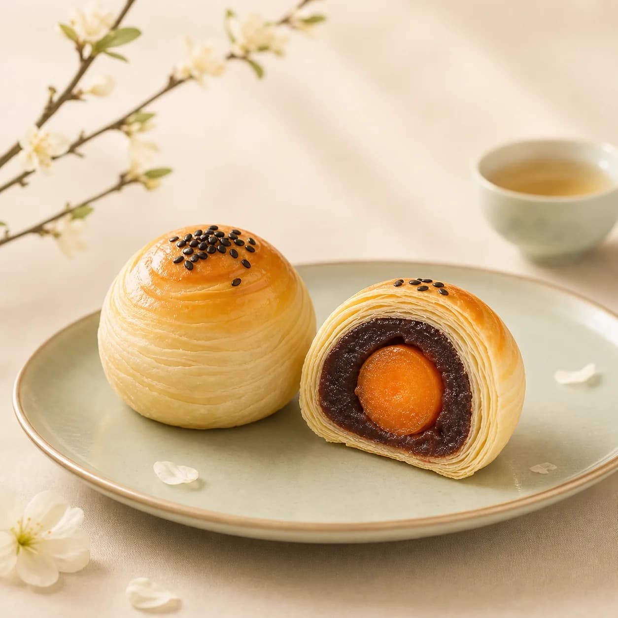 经典蛋黄莲蓉月饼整颗咸蛋黄原料展示