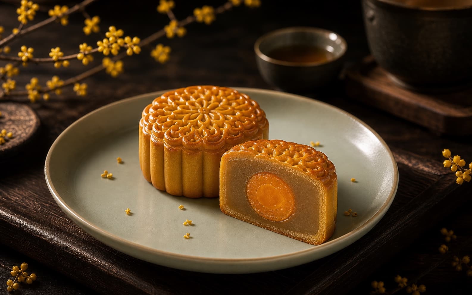 蛋黄莲蓉月饼完整蛋黄与莲蓉切面系列图