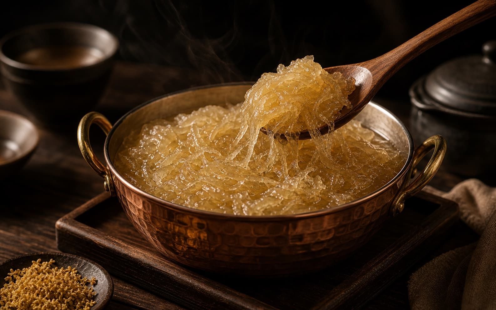 铜锅中文火慢熬收汁的冬翅馅