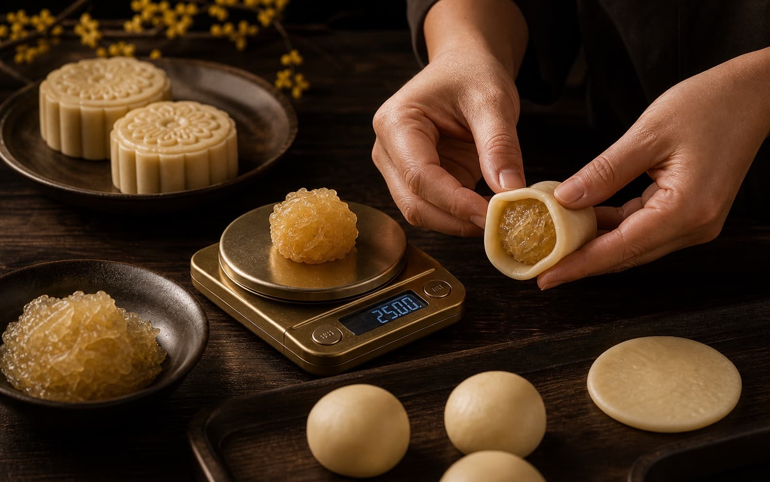 冬翅月饼皮馅称重与手工包馅
