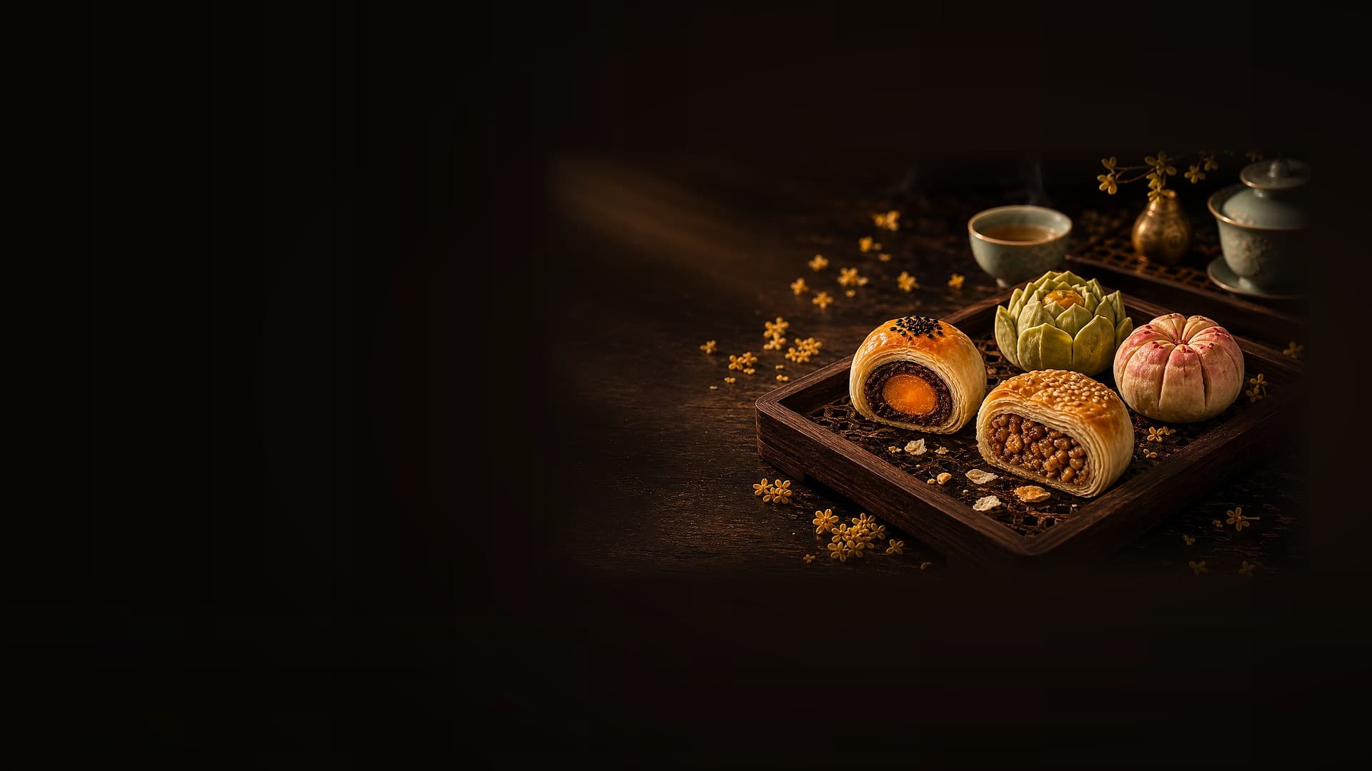 云酥坊首页黑金东方酥点木托盘茶席主视觉