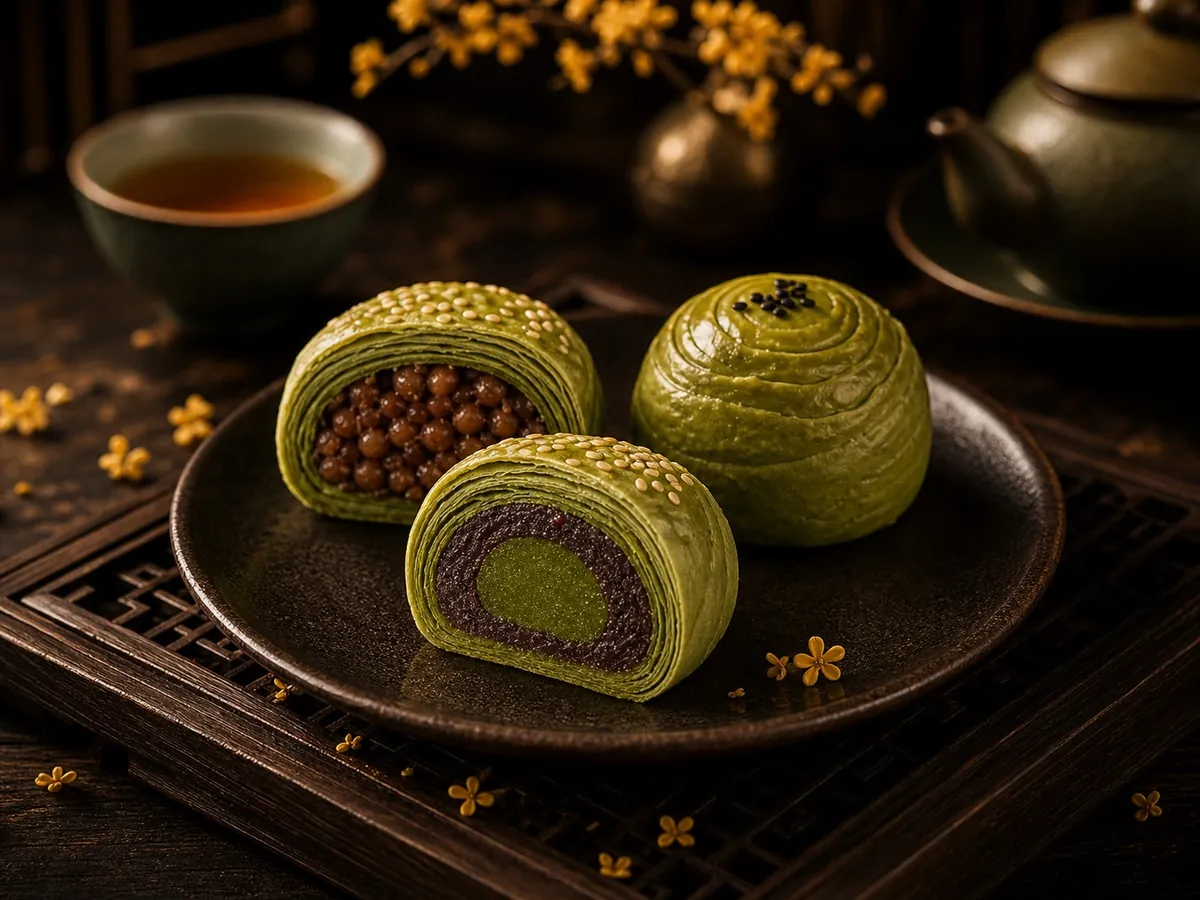 抹茶酥切面展示绿色酥皮红豆沙与流心蛋黄