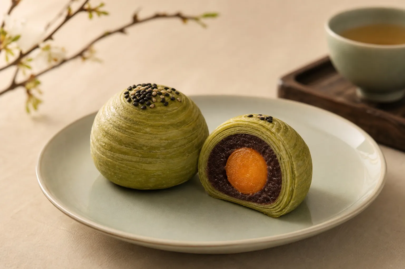 抹茶酥切面展示整颗金黄咸蛋黄