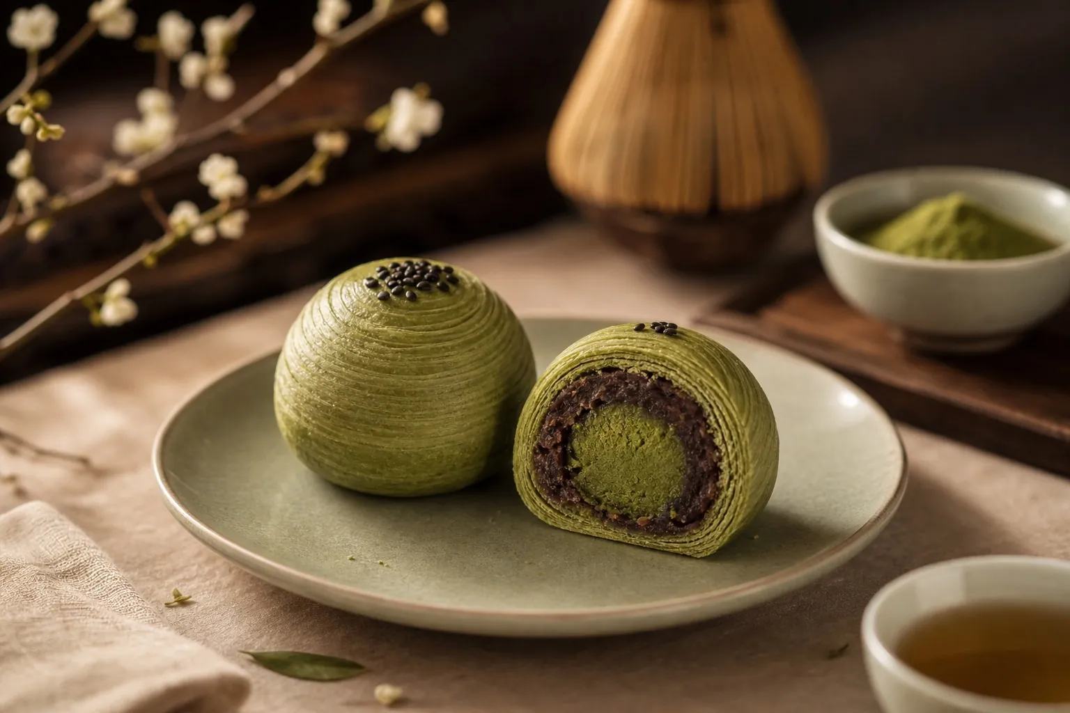 抹茶酥搭配日本抹茶粉与茶器展示