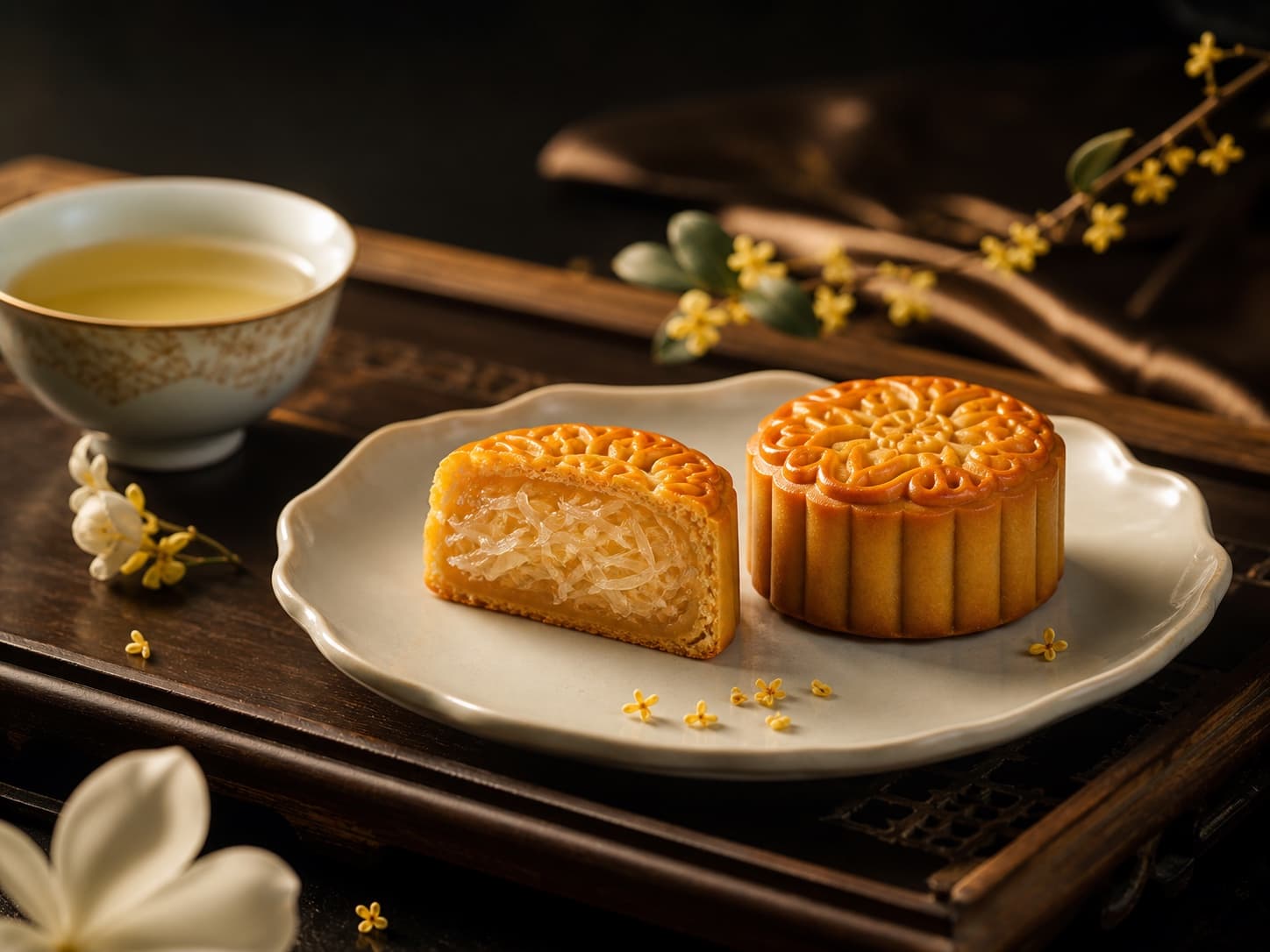 低糖轻甜冬翅月饼搭配清茶与桂花