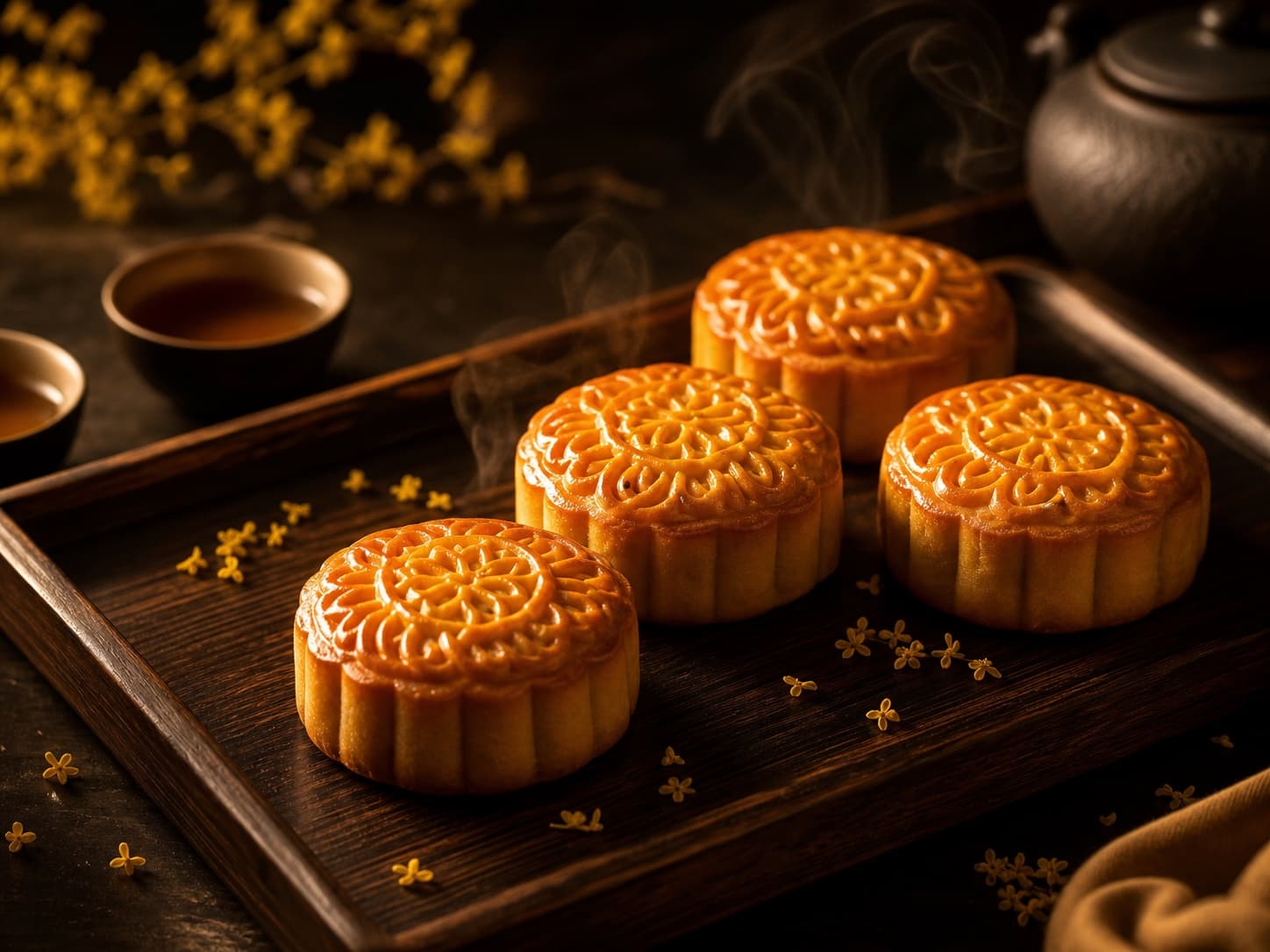 新鲜出炉冬翅月饼置于木托盘上