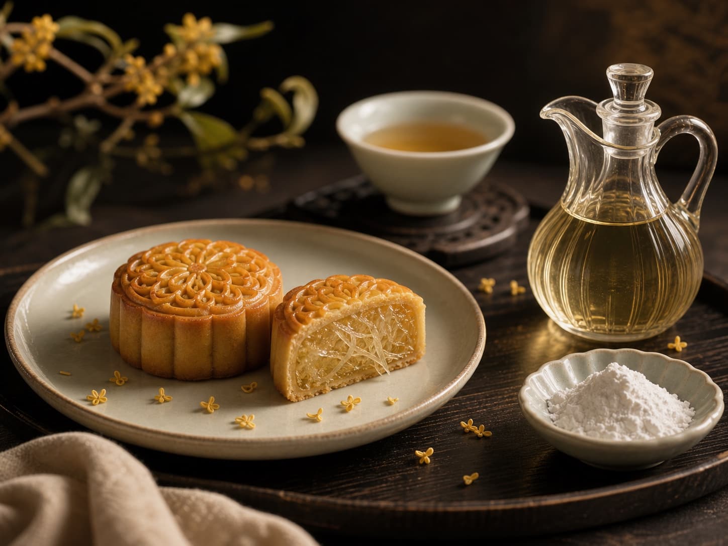 冬翅月饼切面搭配清茶糖粉与植物油器皿